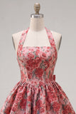 Red Flower Jacquard A Line Halter Short Homecoming Dress with Bow