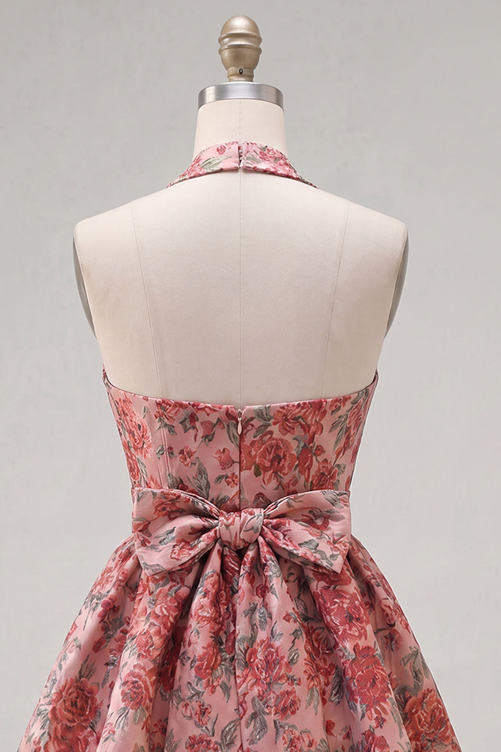 Red Flower Jacquard A Line Halter Short Homecoming Dress with Bow