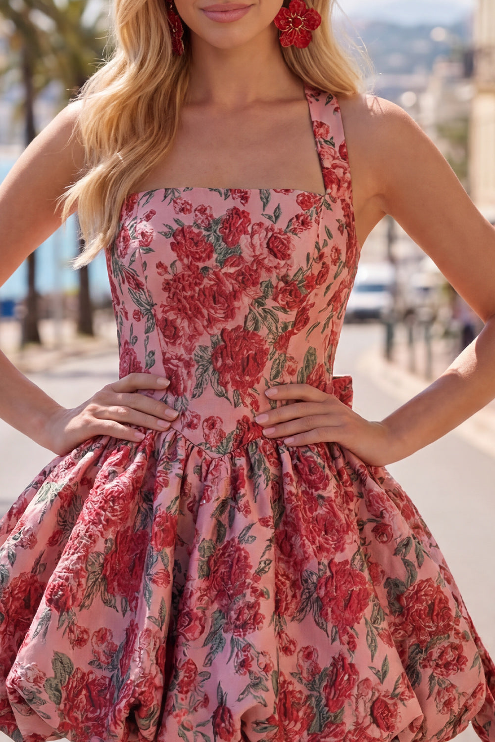 Red Flower Jacquard A Line Halter Short Homecoming Dress with Bow
