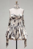 White Black Flower A Line Strapless Keyhole Short Homecoming Dress