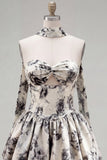 White Black Flower A Line Strapless Keyhole Short Homecoming Dress