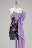 Sparkly Black Floral Tight Short Strapless Sequin Homecoming Dress with Bow