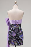 Sparkly Black Floral Tight Short Strapless Sequin Homecoming Dress with Bow