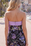 Sparkly Black Floral Tight Short Strapless Sequin Homecoming Dress with Bow