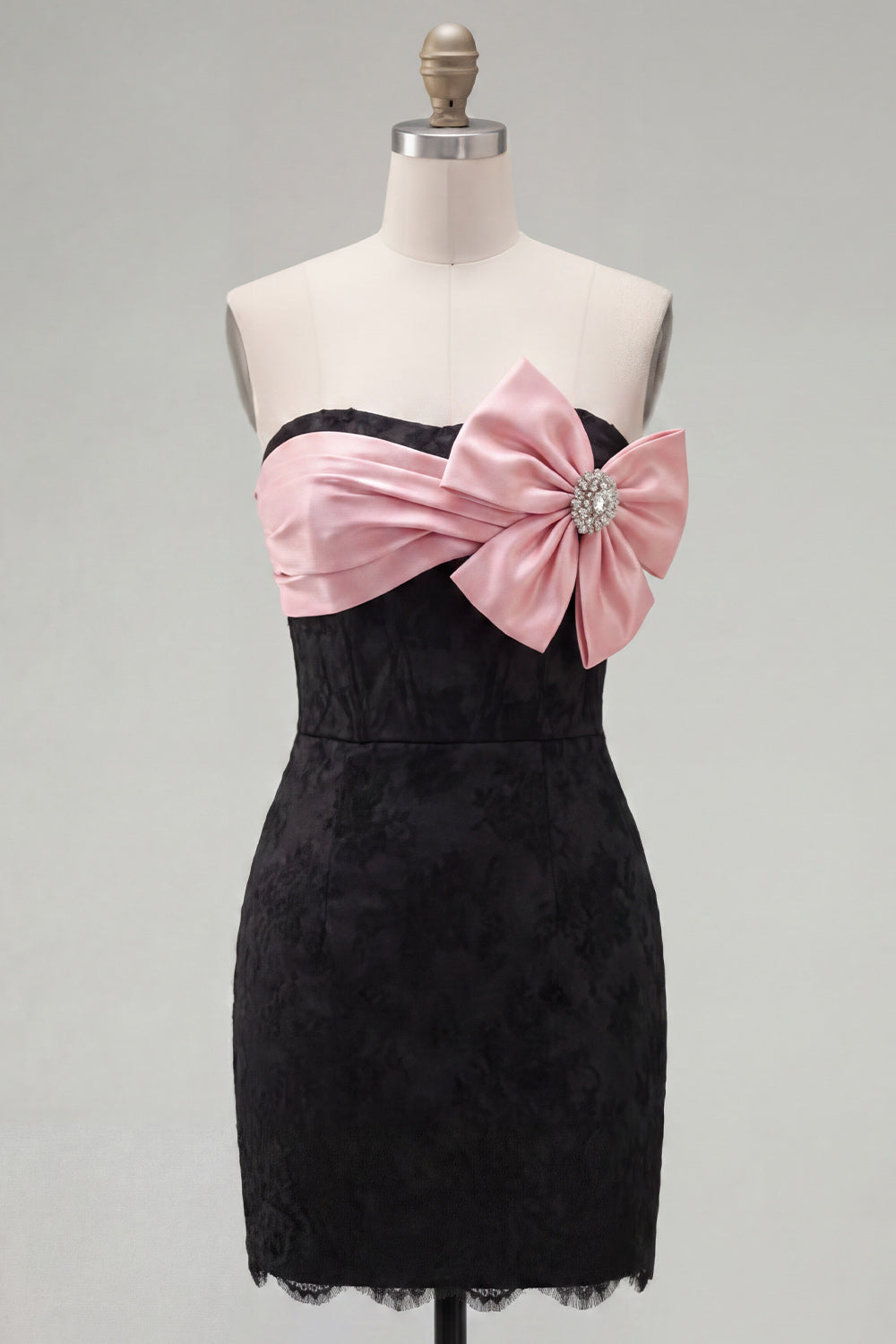 Black Pink Floral Tight Short Strapless Corset Beaded Homecoming Dress with Bow