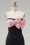 Black Pink Floral Tight Short Strapless Corset Beaded Homecoming Dress with Bow