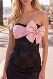 Black Pink Floral Tight Short Strapless Corset Beaded Homecoming Dress with Bow