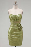 Green Corset Short Tight Ruched Strapless Homecoming Dress with 3D Flowers
