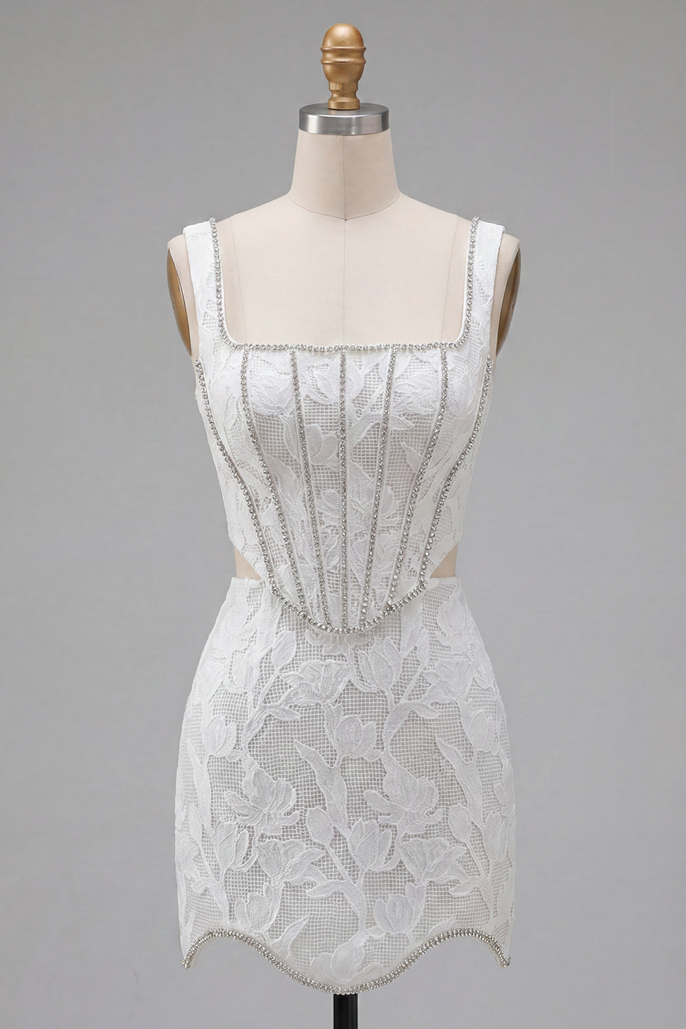 White Floral Corset Tight Short Square Neck Cut Out Homecoming Dress