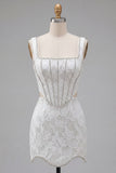 White Floral Corset Tight Short Square Neck Cut Out Homecoming Dress