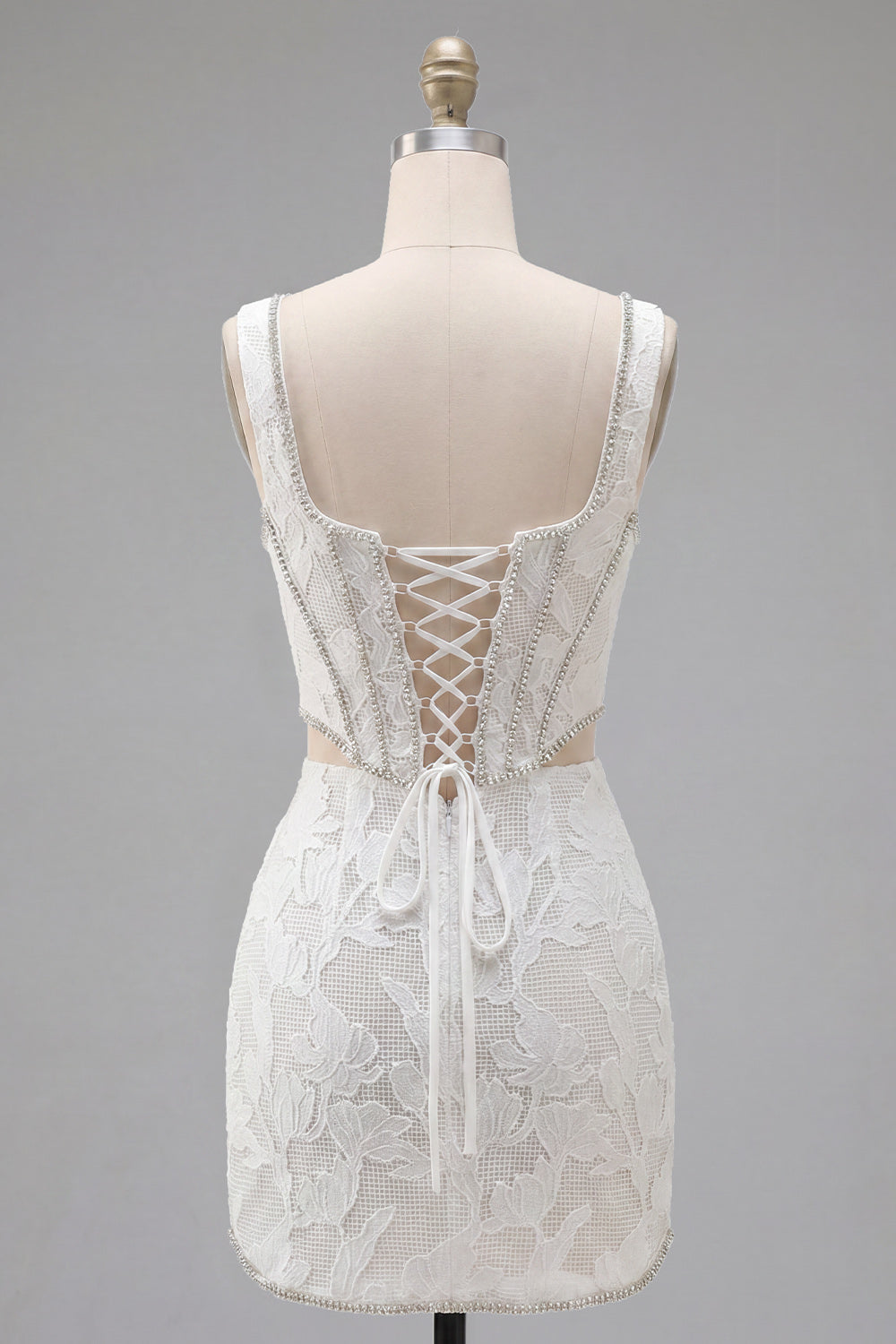 White Floral Corset Tight Short Square Neck Cut Out Homecoming Dress