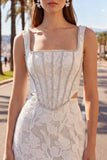 White Floral Corset Tight Short Square Neck Cut Out Homecoming Dress
