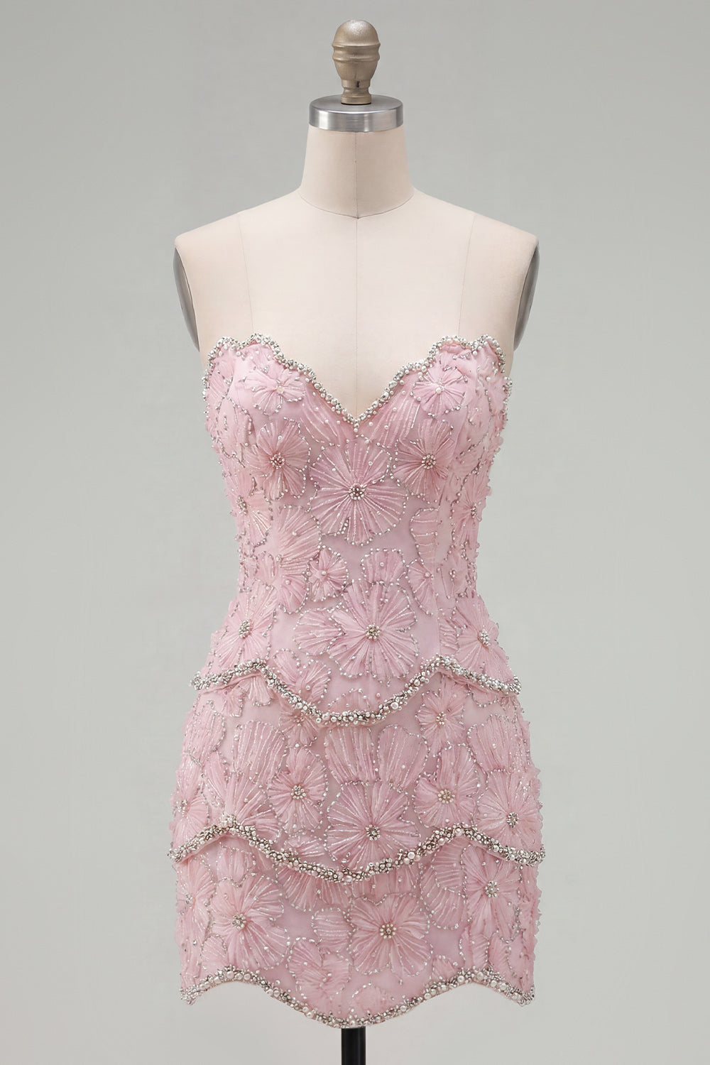 Sparkly Pink Floral Tight Short Strapless Homecoming Dress with Pearls