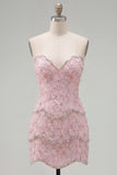 Sparkly Pink Floral Tight Short Strapless Homecoming Dress with Pearls
