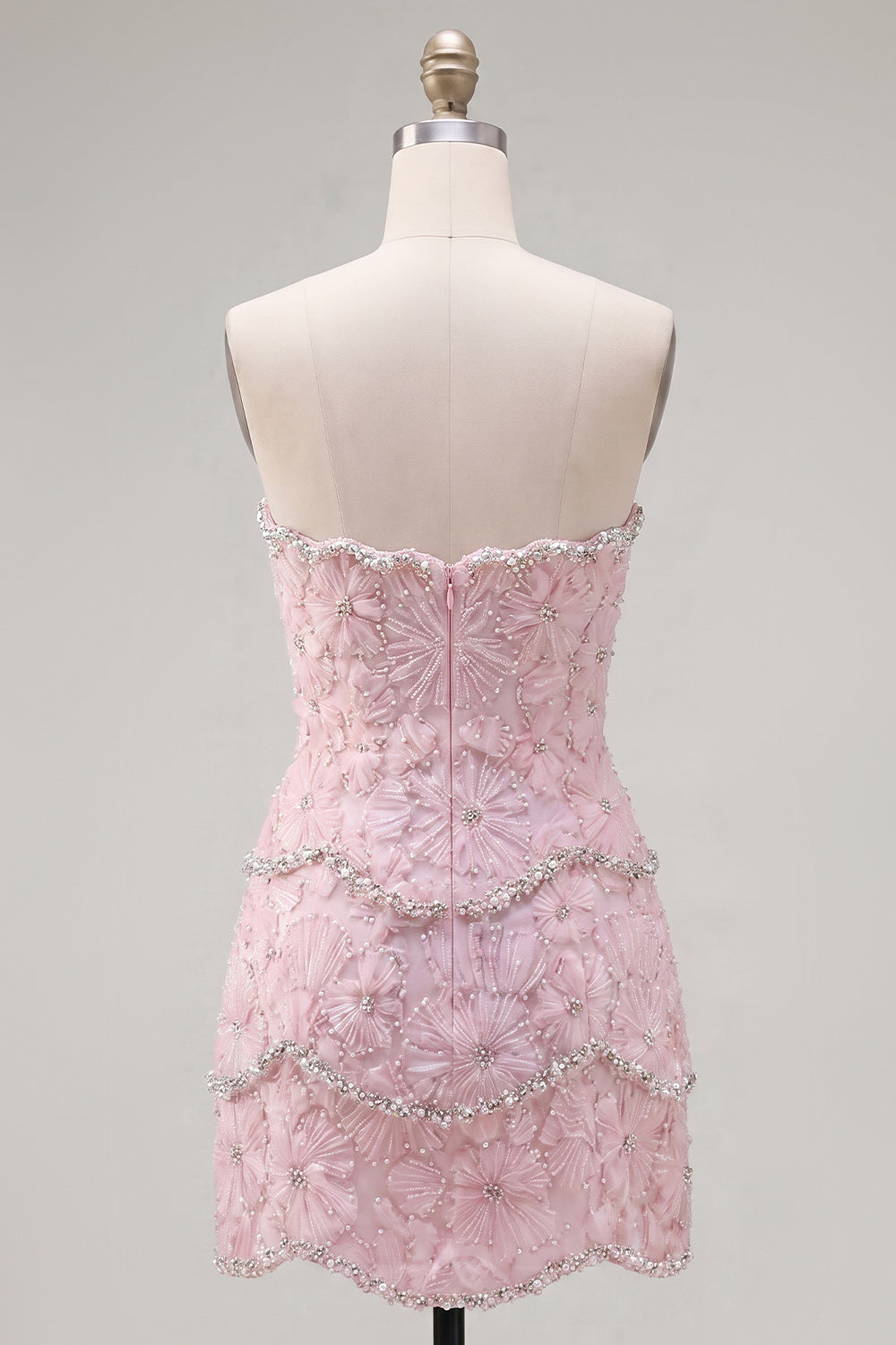 Sparkly Pink Floral Tight Short Strapless Homecoming Dress with Pearls