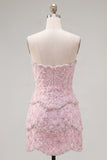 Sparkly Pink Floral Tight Short Strapless Homecoming Dress with Pearls