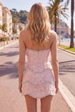 Sparkly Pink Floral Tight Short Strapless Homecoming Dress with Pearls