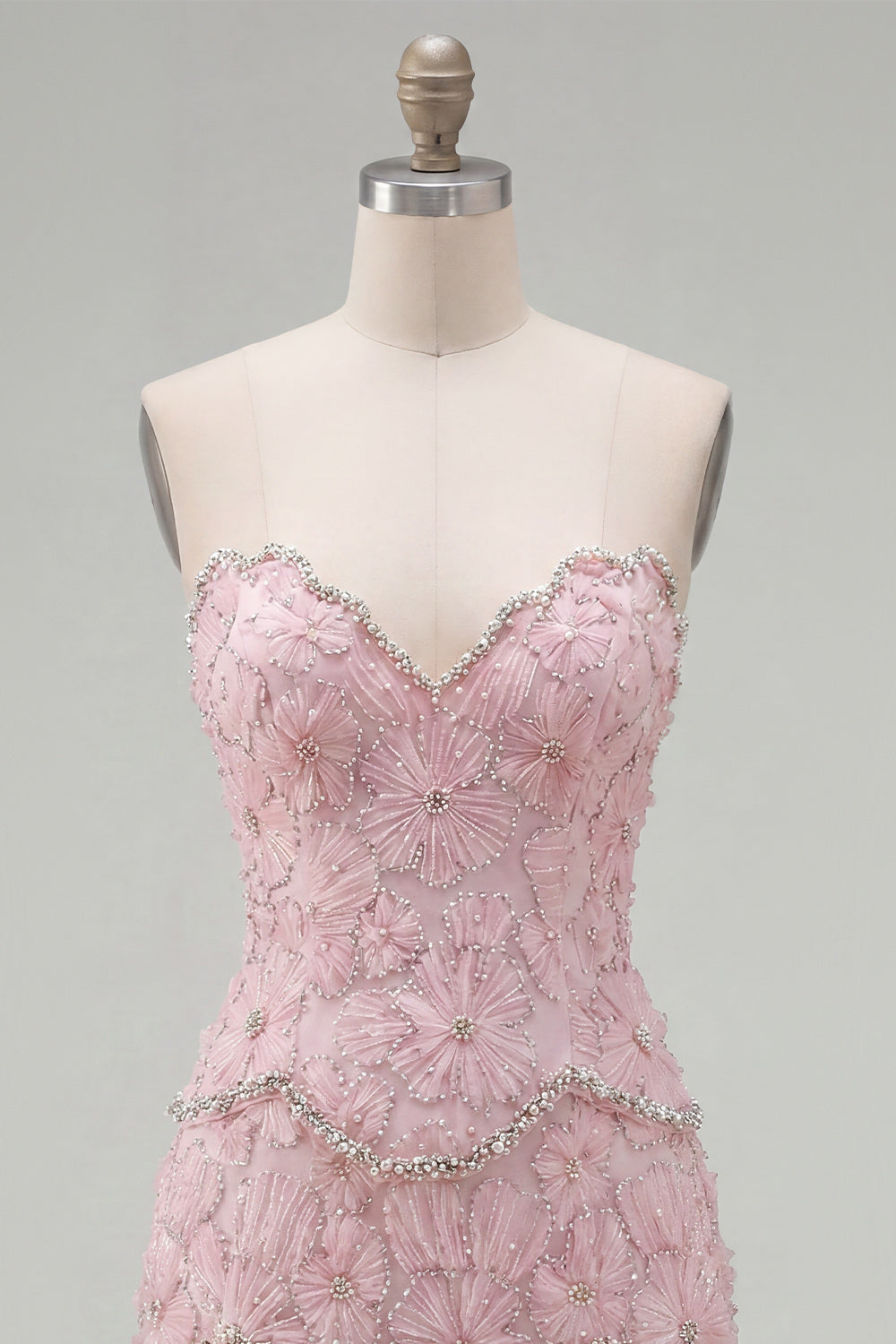 Sparkly Pink Floral Tight Short Strapless Homecoming Dress with Pearls