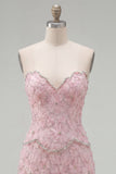 Sparkly Pink Floral Tight Short Strapless Homecoming Dress with Pearls