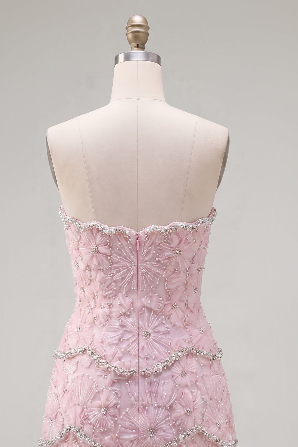 Sparkly Pink Floral Tight Short Strapless Homecoming Dress with Pearls