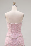 Sparkly Pink Floral Tight Short Strapless Homecoming Dress with Pearls