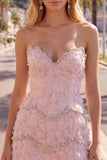Sparkly Pink Floral Tight Short Strapless Homecoming Dress with Pearls