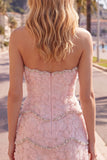 Sparkly Pink Floral Tight Short Strapless Homecoming Dress with Pearls