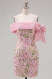 Sparkly Pink Floral Tight Short Beaded Homecoming Dress with Bow