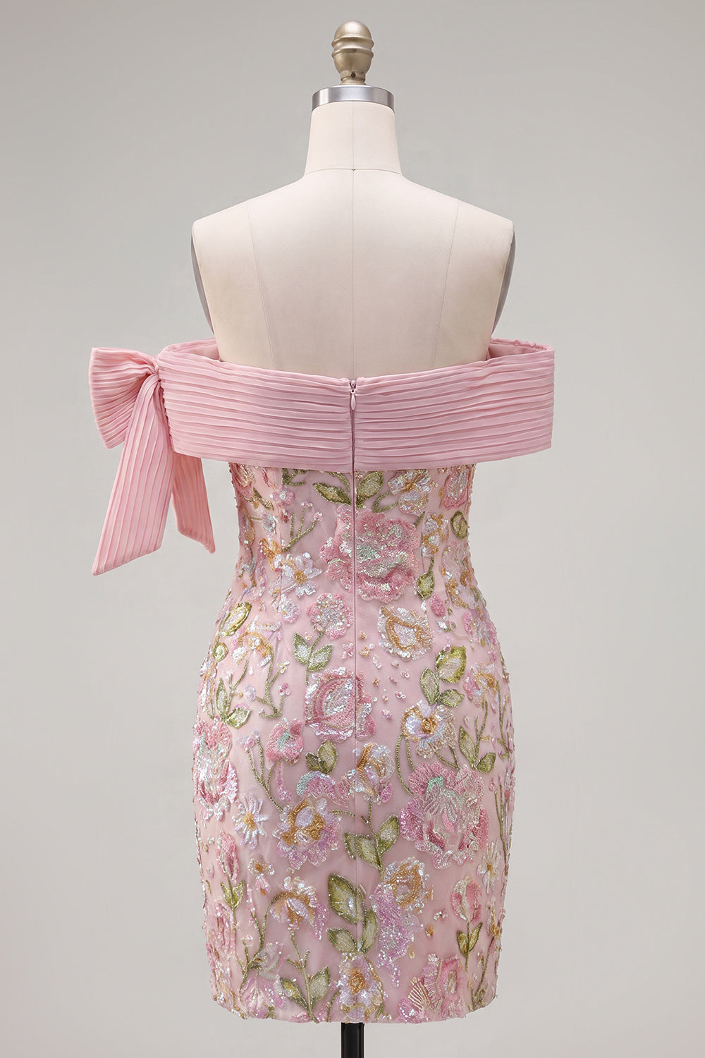 Sparkly Pink Floral Tight Short Beaded Homecoming Dress with Bow