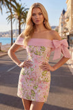 Sparkly Pink Floral Tight Short Beaded Homecoming Dress with Bow
