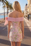 Sparkly Pink Floral Tight Short Beaded Homecoming Dress with Bow