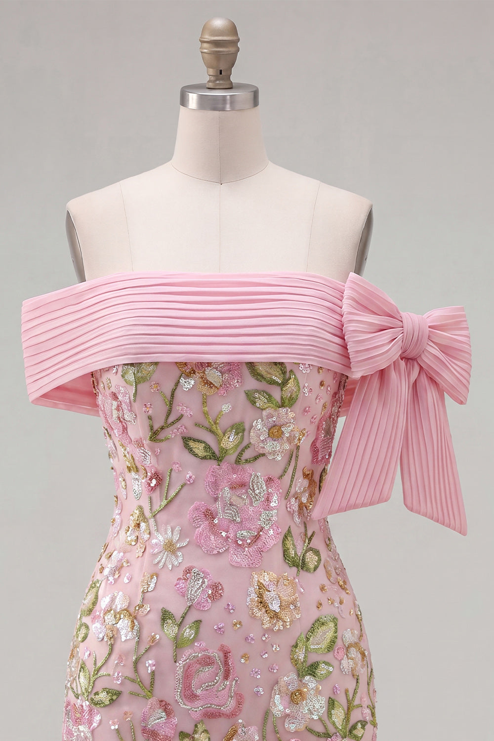 Sparkly Pink Floral Tight Short Beaded Homecoming Dress with Bow