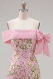 Sparkly Pink Floral Tight Short Beaded Homecoming Dress with Bow
