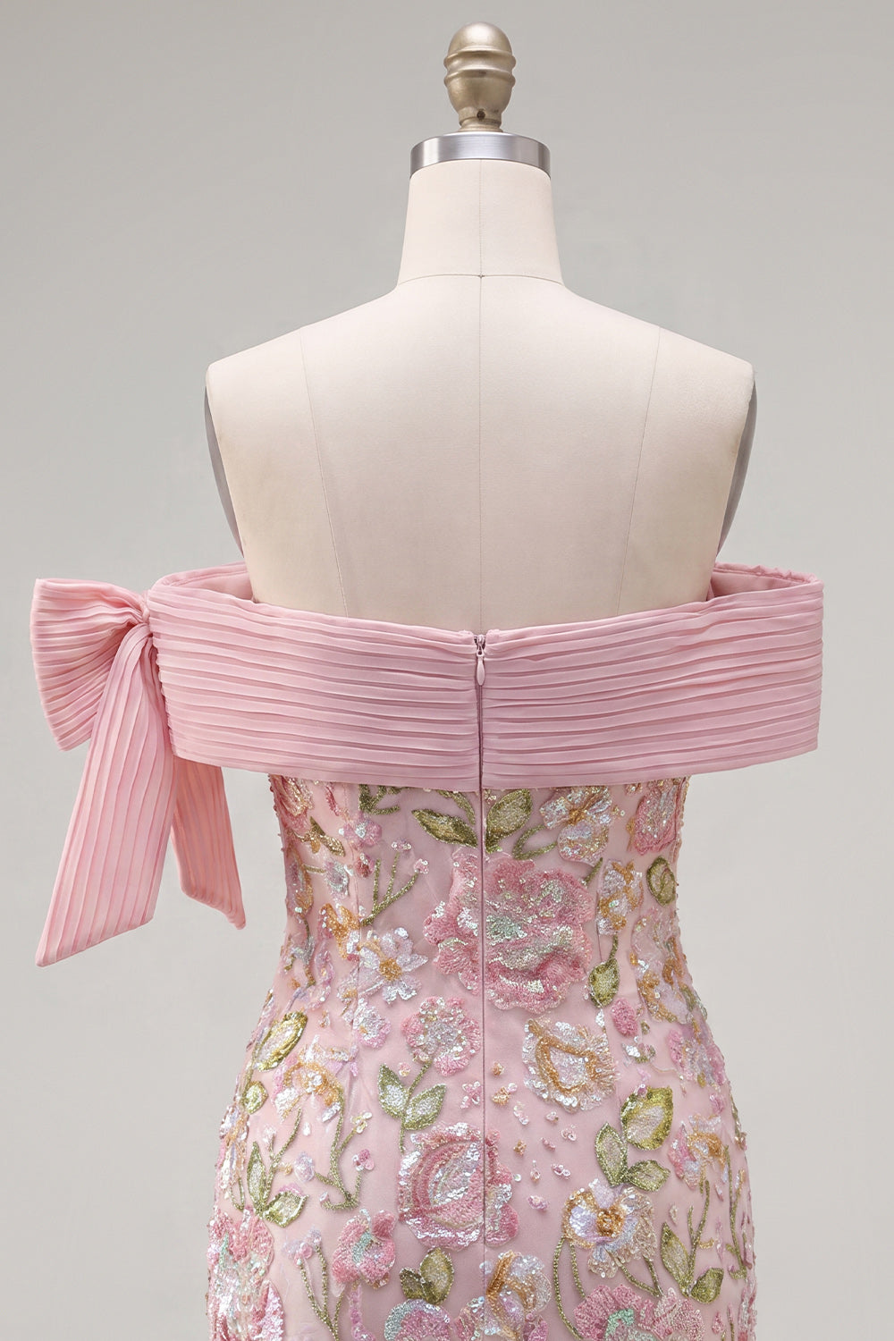 Sparkly Pink Floral Tight Short Beaded Homecoming Dress with Bow