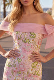 Sparkly Pink Floral Tight Short Beaded Homecoming Dress with Bow