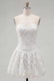 White Floral A Line Short Strapless Homecoming Dress