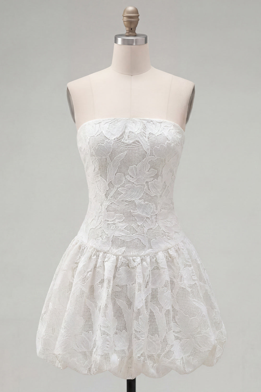 White Floral A Line Short Strapless Homecoming Dress