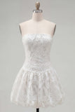 White Floral A Line Short Strapless Homecoming Dress