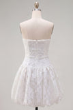 White Floral A Line Short Strapless Homecoming Dress