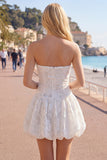 White Floral A Line Short Strapless Homecoming Dress