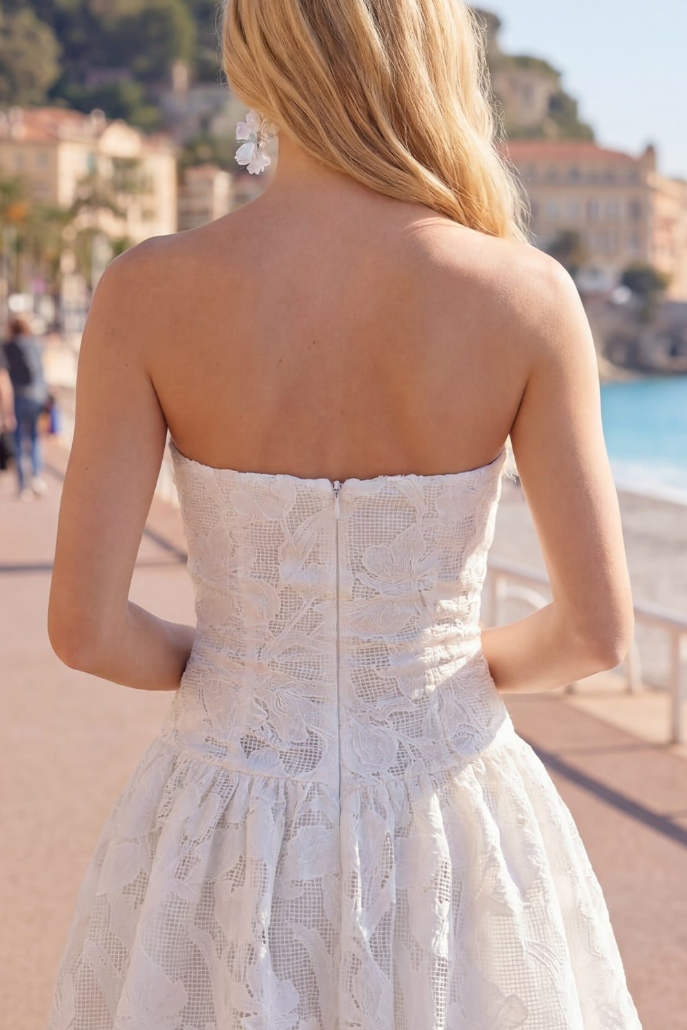 White Floral A Line Short Strapless Homecoming Dress