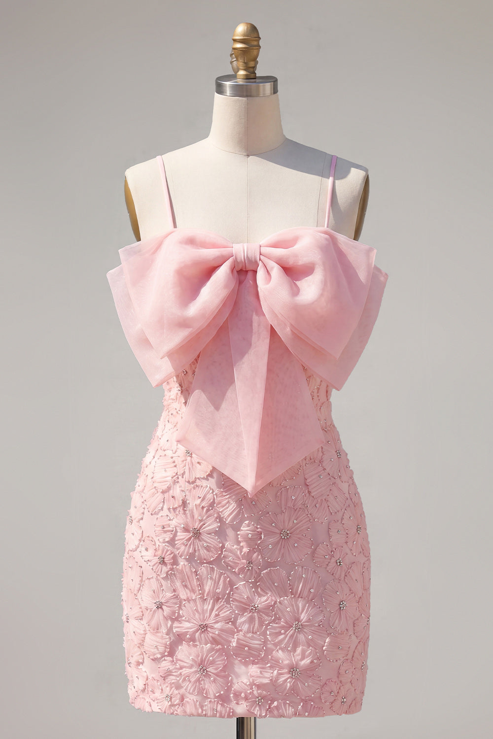 Sparkly Pink Floral Tight Short Spaghetti Straps Homecoming Dress with Pearls