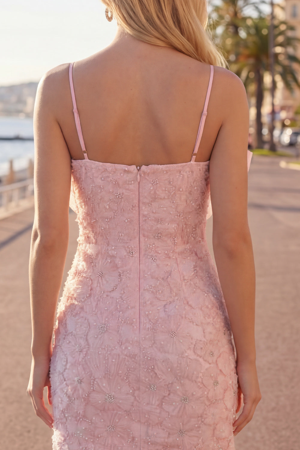 Sparkly Pink Floral Tight Short Spaghetti Straps Homecoming Dress with Pearls