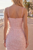 Sparkly Pink Floral Tight Short Spaghetti Straps Homecoming Dress with Pearls