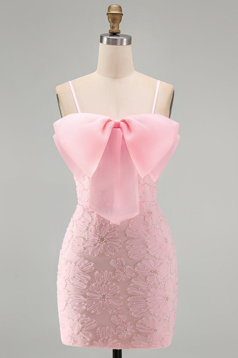 Sparkly Pink Floral Tight Short Spaghetti Straps Homecoming Dress with Pearls