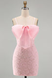Sparkly Pink Floral Tight Short Spaghetti Straps Homecoming Dress with Pearls