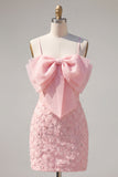 Sparkly Pink Floral Tight Short Spaghetti Straps Homecoming Dress with Pearls