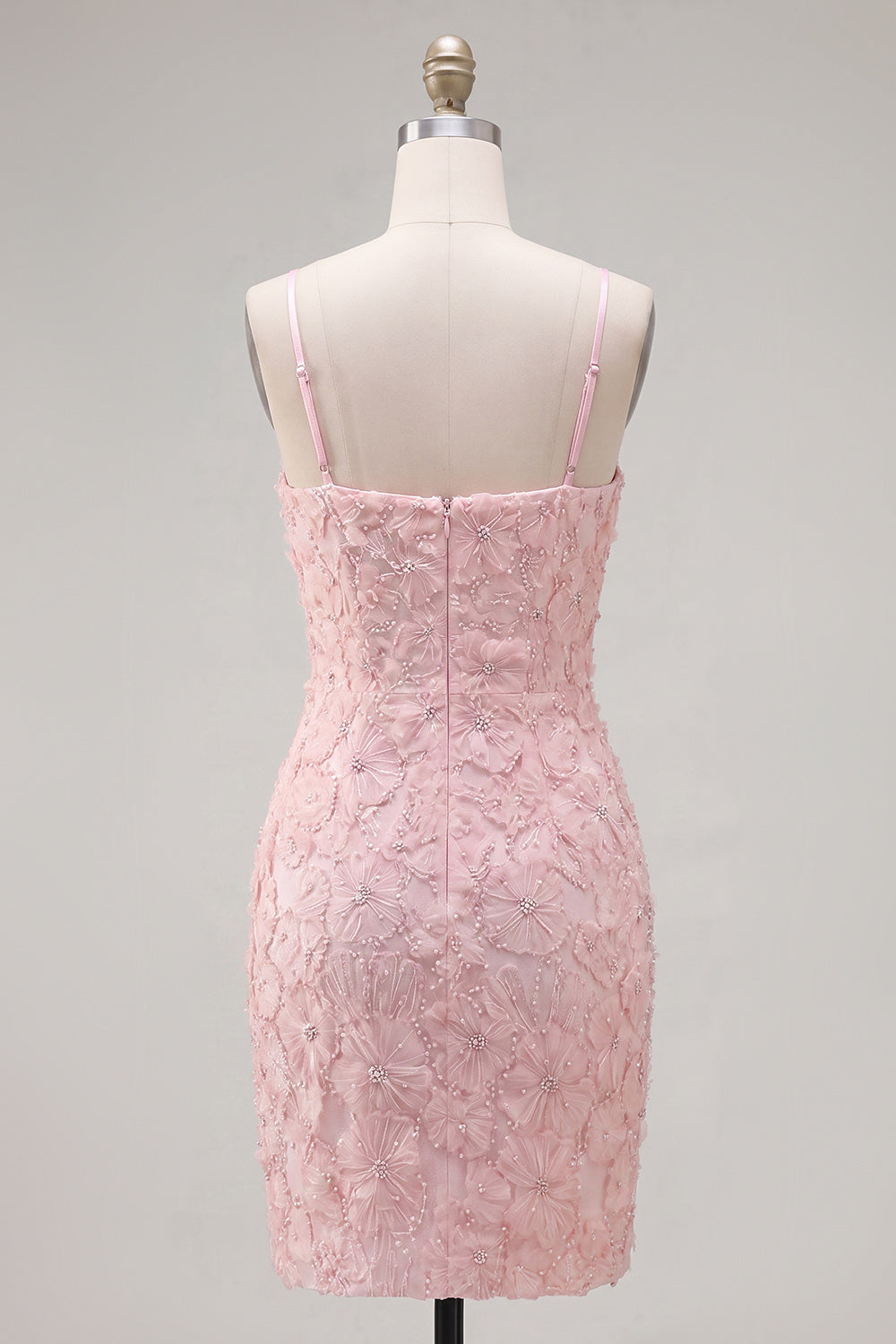 Sparkly Pink Floral Tight Short Spaghetti Straps Homecoming Dress with Pearls