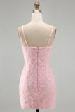 Sparkly Pink Floral Tight Short Spaghetti Straps Homecoming Dress with Pearls
