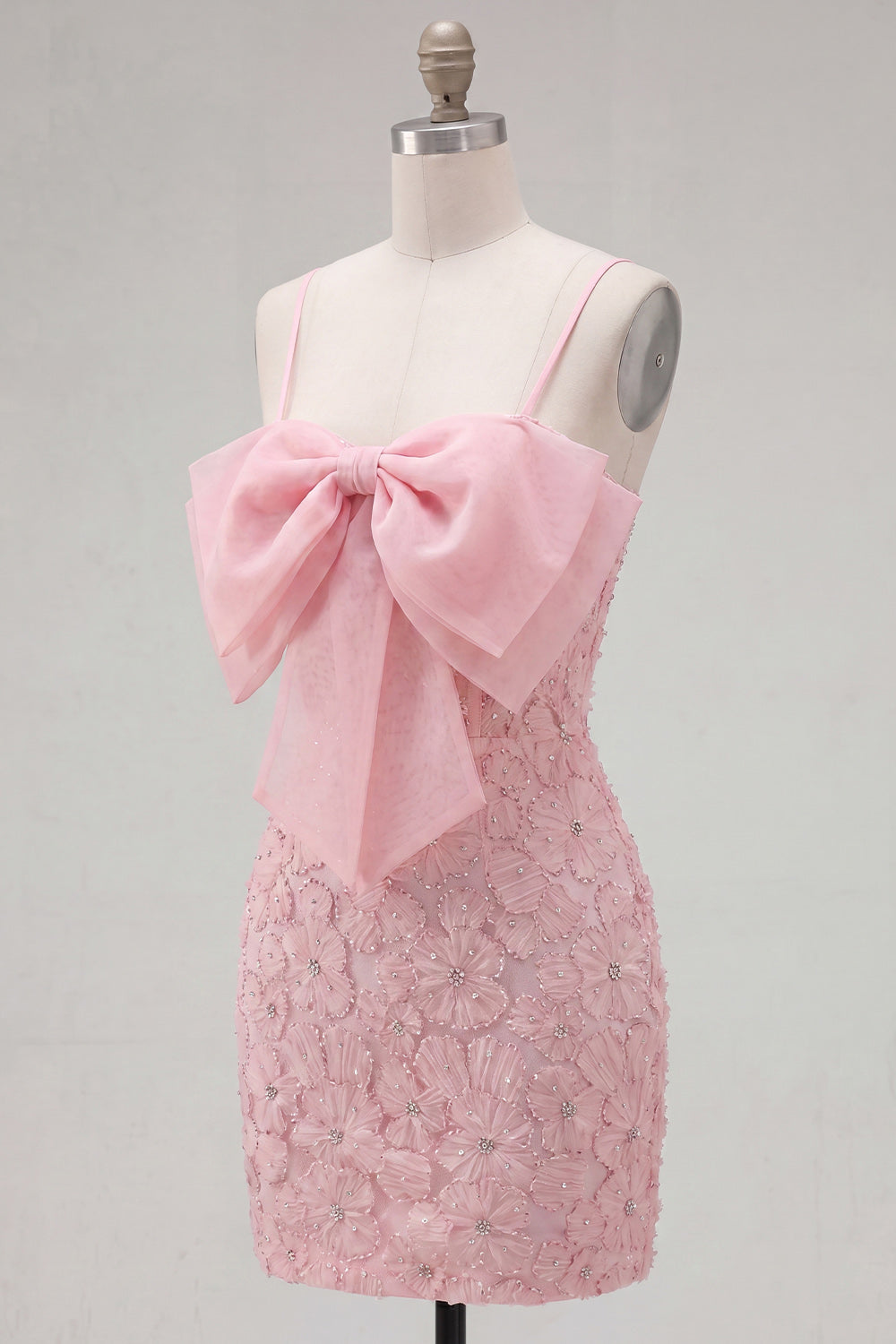 Sparkly Pink Floral Tight Short Spaghetti Straps Homecoming Dress with Pearls